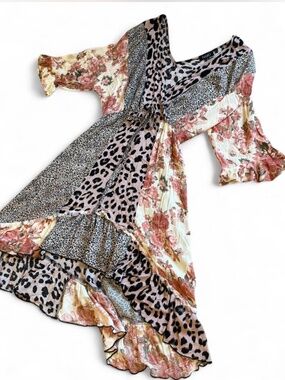 Patchwork Floral Animal Print Ruffle Dress